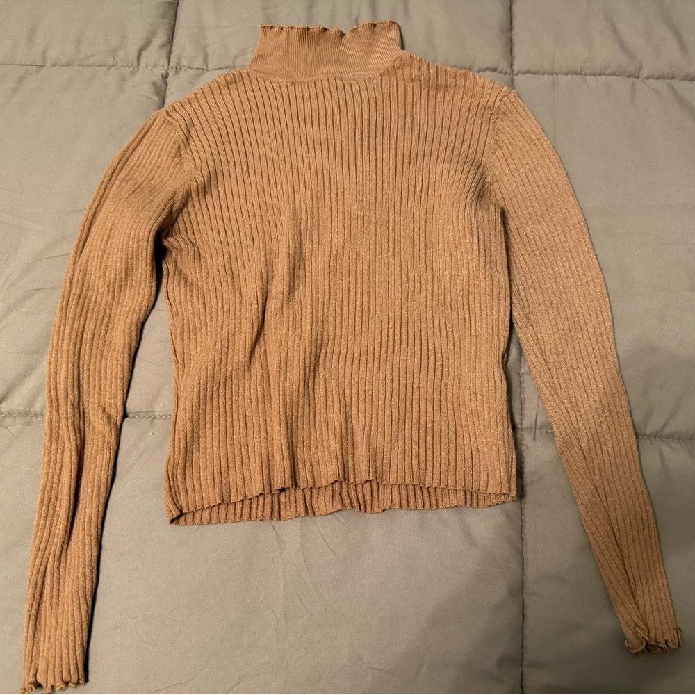 Ribbed Tan Turtleneck Cropped Sweater